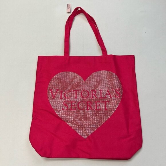 Victorias Secret Womens Tote Bag Magenta Textile Spellout Heart Sequins Huge New - Picture 1 of 9